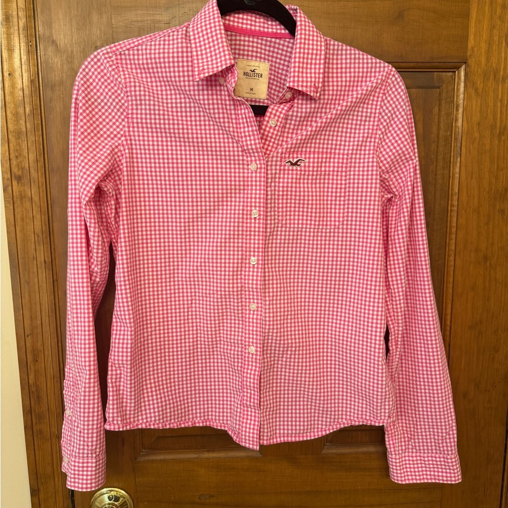 Hollister Pink Gingham Button Down Shirt, Medium